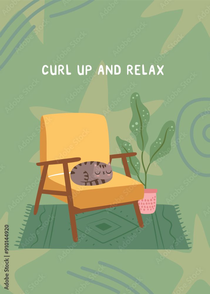Fototapeta premium Cozy hand-drawn poster featuring a joyful cat relaxing in chair. Self-care and comfort in a homey setting.
