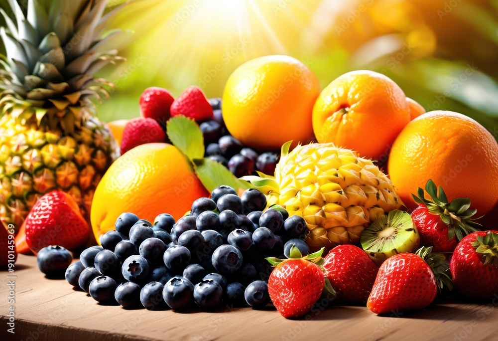 vibrant arrangement fresh fruits bathed warm sunlight showcasing colorful luscious varieties delightful visual experience, apples, oranges, bananas vibrant arrangement fresh fruits bathed warm sunlight showcasing colorful luscious varieties delightful visual experience, apples, oranges, bananas