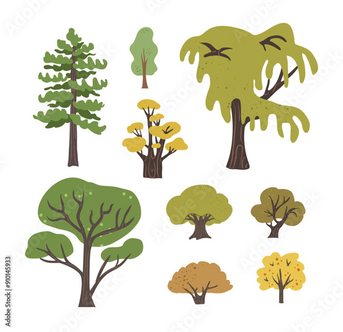 Isolated vector set of diverse trees in a flat, hand-drawn style. Includes oak, pine, and maples