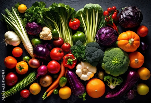 vibrant display unique vegetables slate surface showcasing colorful array fresh produce, carrots, radishes, beets, peppers, zucchini, eggplant, squash