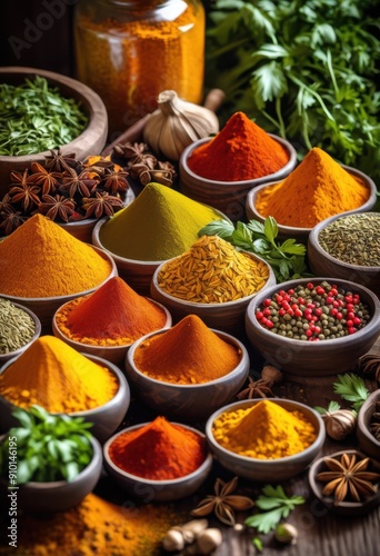 vibrant arrangement colorful spices featuring bright powders fresh herbs eye catching display, seasoning, culinary, ingredient, flavor, aroma, texture, art