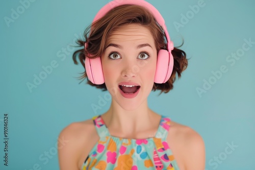 Surprised Young Woman in Floral Dress and Pink Headphones Against Blue Backgr...