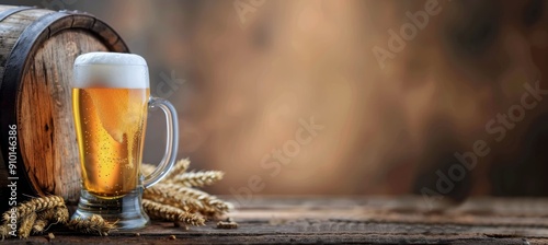 Refreshing Glass of Beer on Wooden Table With Barrels in Background at Sunset
