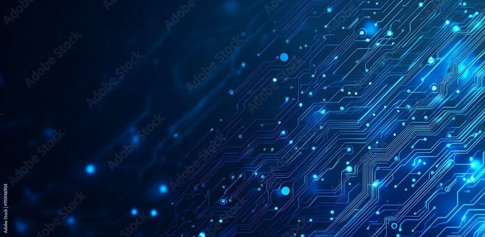 Blue background with a digital circuit board pattern, technology concept banner design Blue background with a digital circuit board pattern, technology concept banner design