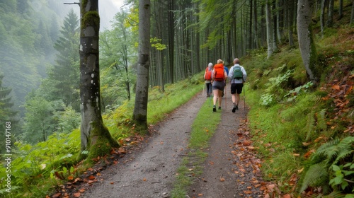 Hiking Trail Through Lush Forest in Morning Fog With Adventurers