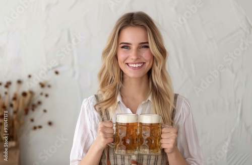 Smiling Woman Holding Two Glasses of Beer in Cozy Bar Setting