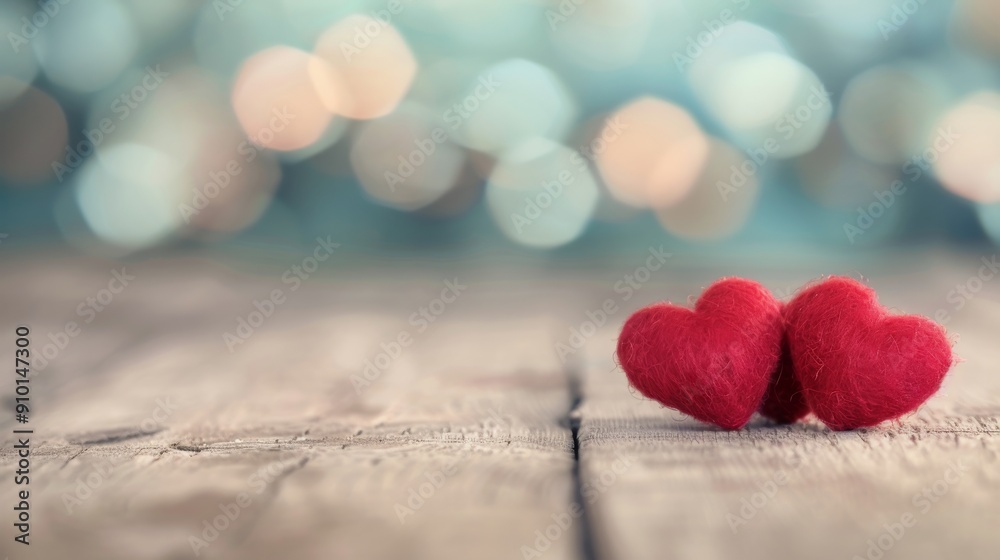 Red Glitter Hearts Decorate Wooden Surface With Soft Bokeh Background Red Glitter Hearts Decorate Wooden Surface With Soft Bokeh Background