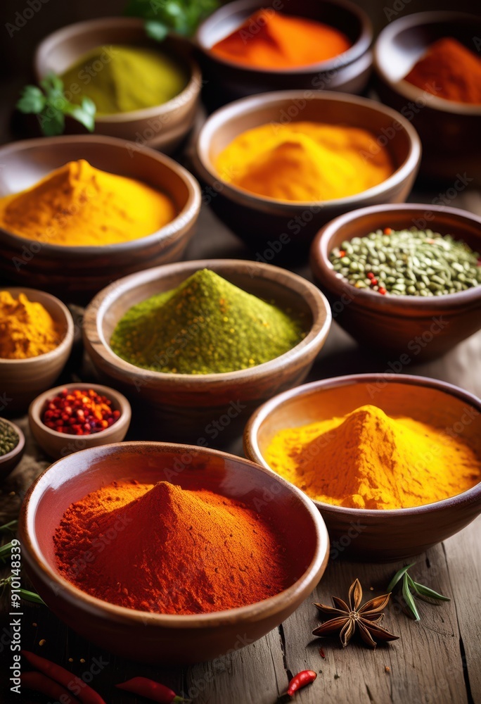 vibrant spices displayed stylish bowls rustic wooden surface showcasing colors textures, colorful, culinary, seasoning, herbs, aroma, ingredients, flavors vibrant spices displayed stylish bowls rustic wooden surface showcasing colors textures, colorful, culinary, seasoning, herbs, aroma, ingredients, flavors