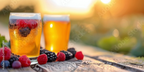 Refreshing Beer Glasses With Berries Against a Sunset Background in a Garden