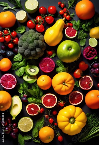 colorful creative food arrangement displayed innovative flat lay style featuring variety fresh ingredients dishes, vibrant, fruits, vegetables, plating