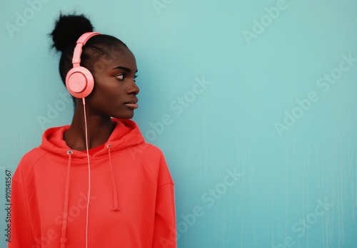 Young Woman Listening to Music With Pink Headphones by a Blue Wall