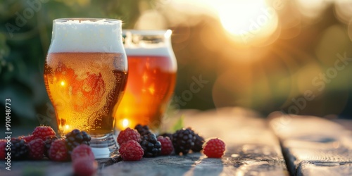 Refreshing Beer Glasses With Berries Against a Sunset Background in a Garden