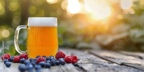 Refreshing Beers With Berries on a Wooden Table in the Late Afternoon Sun