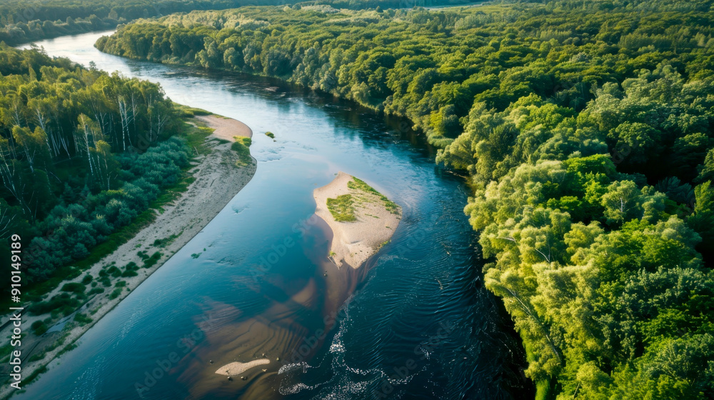 Aerial view of a serene river surrounded by lush greenery and a sandy island, showcasing the beauty of nature. Aerial view of a serene river surrounded by lush greenery and a sandy island, showcasing the beauty of nature.