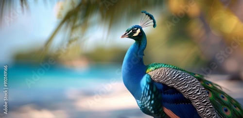 Colorful Peacock Displaying Its Feathers by a Tropical Beach at Sunset