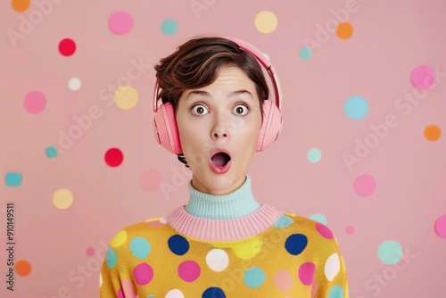 Young Woman in Colorful Sweater Surprised With Headphones Against Pink Polka-...