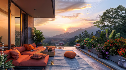 Fototapeta Naklejka Na Ścianę i Meble -  Luxurious penthouse terrace with panoramic views of the mountain landscape. Terrace with comfortable chairs, fire pit and dining area with a backdrop of hills or mountains with clear blue sky