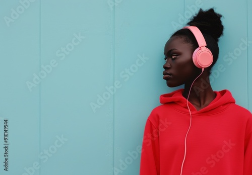 Young Woman Listening to Music With Pink Headphones by a Blue Wall