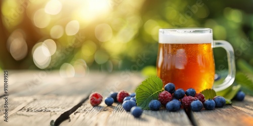 Refreshing Beer With Fresh Blueberries on a Rustic Wooden Table in Summer Sun...
