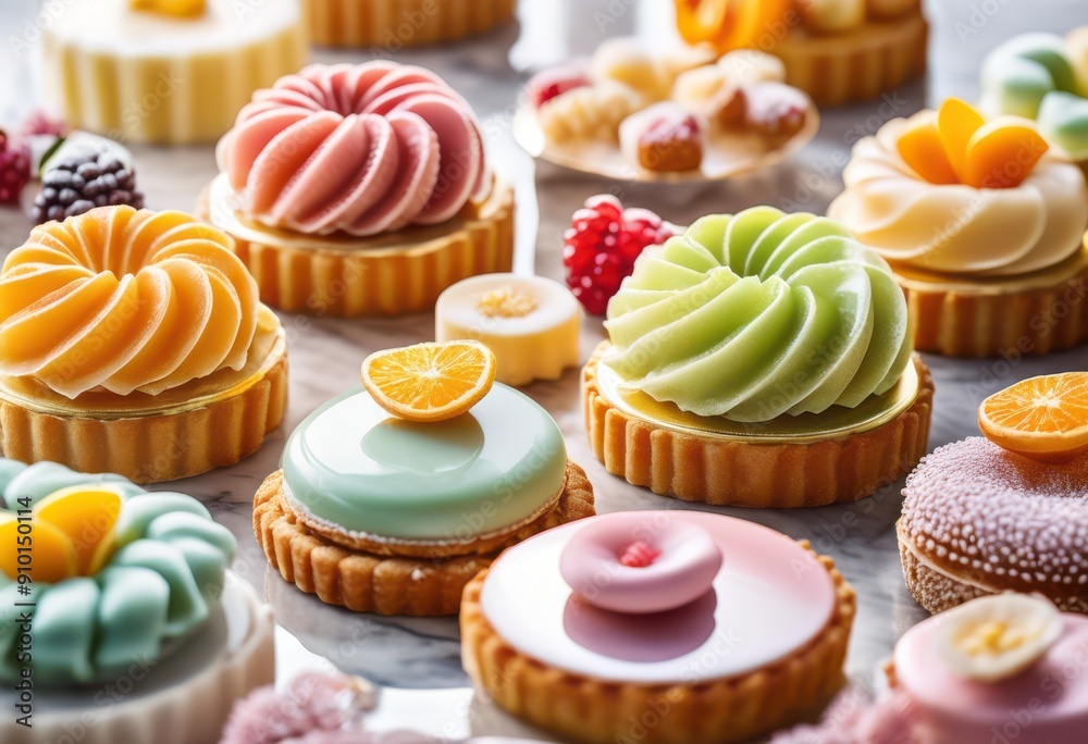 exquisite pastries artfully displayed polished marble surface elegant colors textures, arrangement, artisan, bakery, beautiful, cake, classic