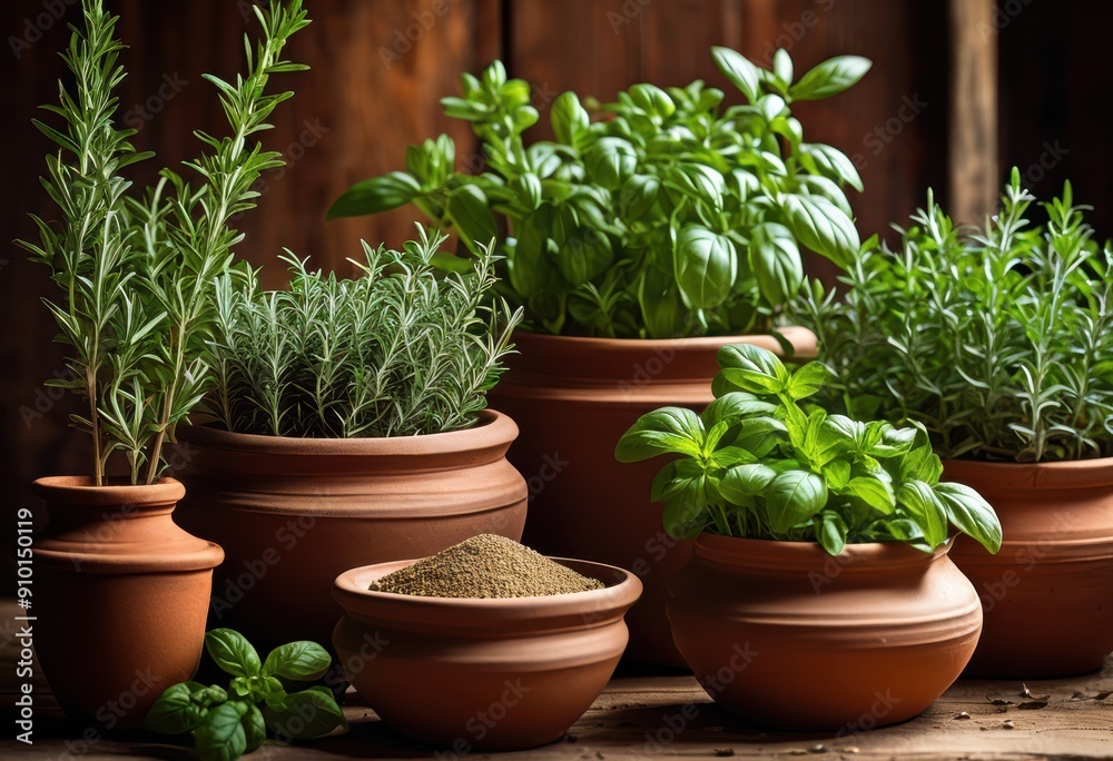 vibrant fragrant herbs planted rustic clay pots set warm timber background inviting natural aesthetic, plants, foliage, green, garden, gardening, decor vibrant fragrant herbs planted rustic clay pots set warm timber background inviting natural aesthetic, plants, foliage, green, garden, gardening, decor