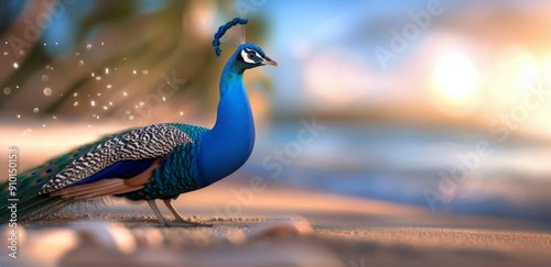 Colorful Peacock Displaying Its Feathers by a Tropical Beach at Sunset