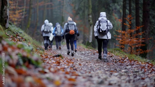 Hiking Trail Through Lush Forest in Morning Fog With Adventurers