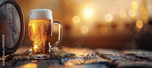 Refreshing Glass of Beer on Wooden Table With Barrels in Background at Sunset
