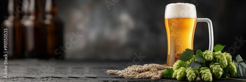 Refreshing Golden Beer in a Frosted Mug With Hops and Barley on Dark Background