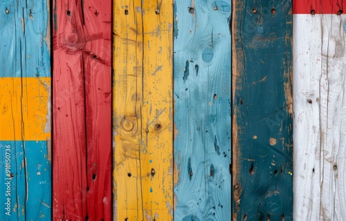 Colorful Weathered Wooden Planks in Rustic Arrangement