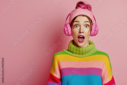 Young Woman in Colorful Sweater Surprised With Headphones Against Pink Polka-...