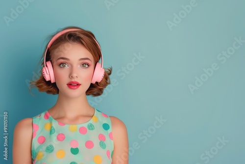 Surprised Young Woman in Floral Dress and Pink Headphones Against Blue Backgr...
