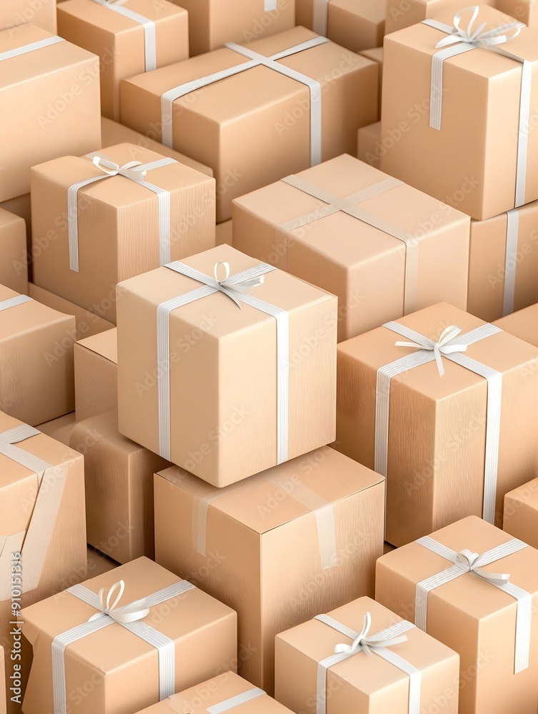 Stacked Wrapped Packages Ready for Delivery at Busy Online Store Stacked Wrapped Packages Ready for Delivery at Busy Online Store