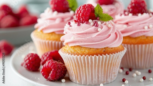 Delicious Raspberry Cupcakes With Pink Frosting on a White Plate