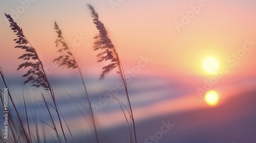 Sunset Over Ocean Shore With Silhouetted Grasses Near Waterline
