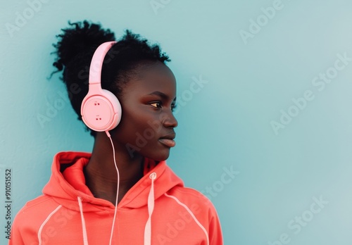 Young Woman Listening to Music With Pink Headphones by a Blue Wall