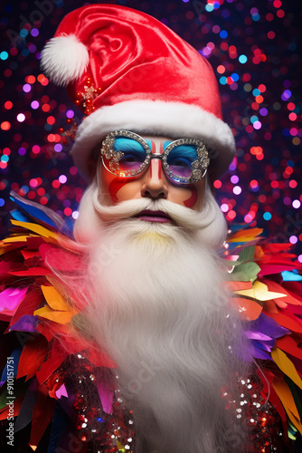 Portrait of a white man wearing makeup and a glamorous Santa Claus costume. Middle-aged drag queen dressed in festive Christmas clothes. AI-generated