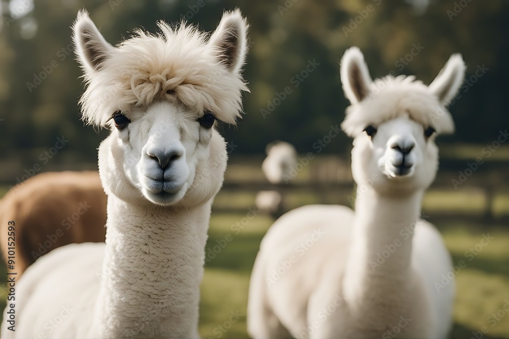 Obraz premium white alpaca portrait animal llama fur mammal closeup nature wool hair domestic looking head face pet outdoors wildlife fleece farm agriculture1 fluffy rural softness eye mouth curly horizontal neck