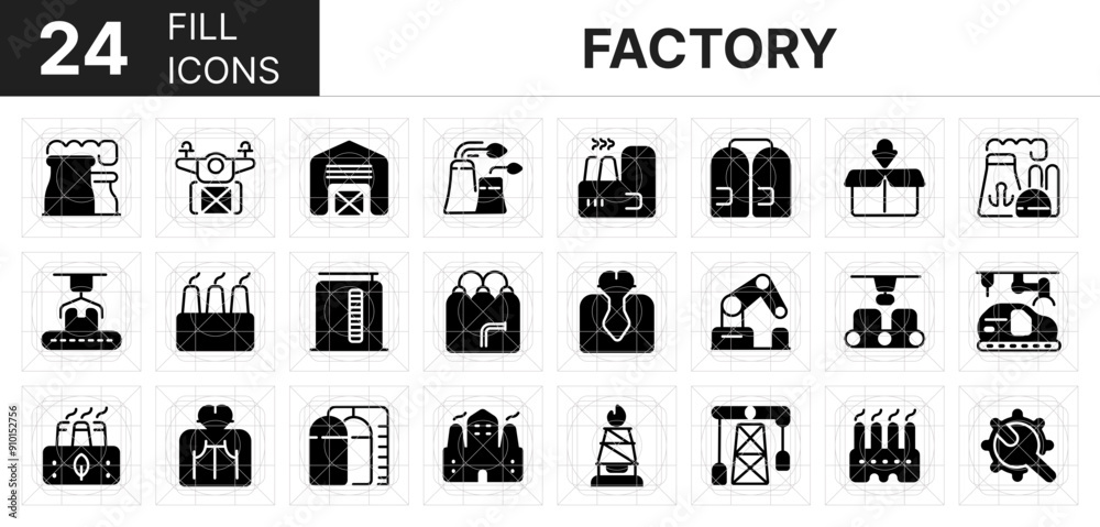 Collection of 24 factor fill icons featuring editable strokes. These outline icons depict various modes of factory, industry, plant, manufacture, production, icon set, line, construction, engineering, Collection of 24 factor fill icons featuring editable strokes. These outline icons depict various modes of factory, industry, plant, manufacture, production, icon set, line, construction, engineering,