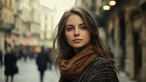 A woman wearing a brown scarf stands in the street