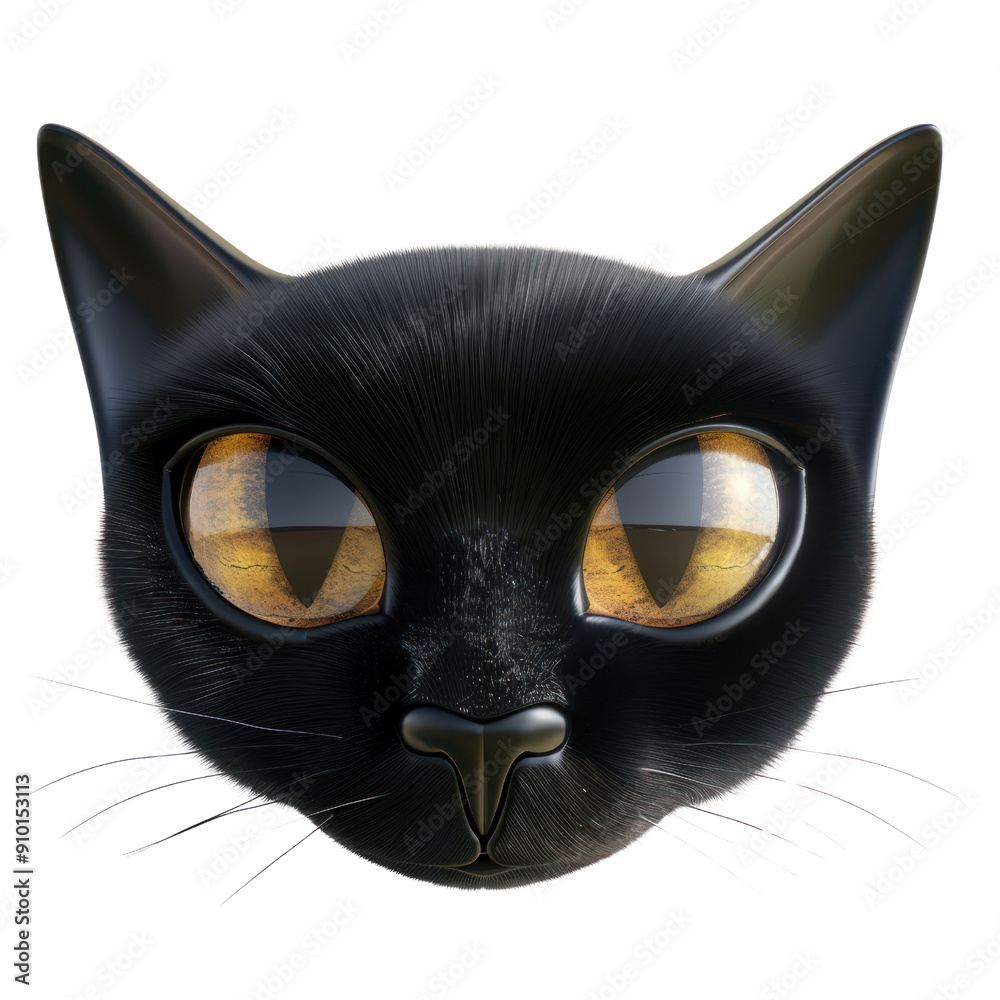 Obraz premium A black cat with yellow eyes is staring at the camera, 3D illustration, Halloween, Clipart, 3d render, isolate on a transparent background.