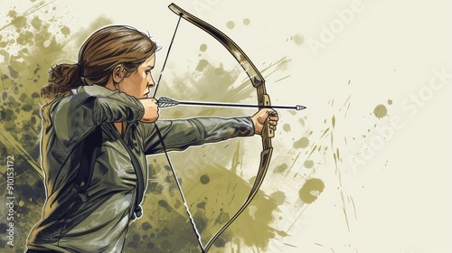 Hand-drawn illustration of a woman practicing bow hunting in a natural setting