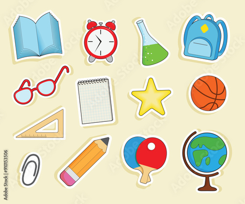 Stickers on a yellow background. Basketball, glasses, ruler, pencil, paper clip, globe, ping pong, star, notebook, flask.