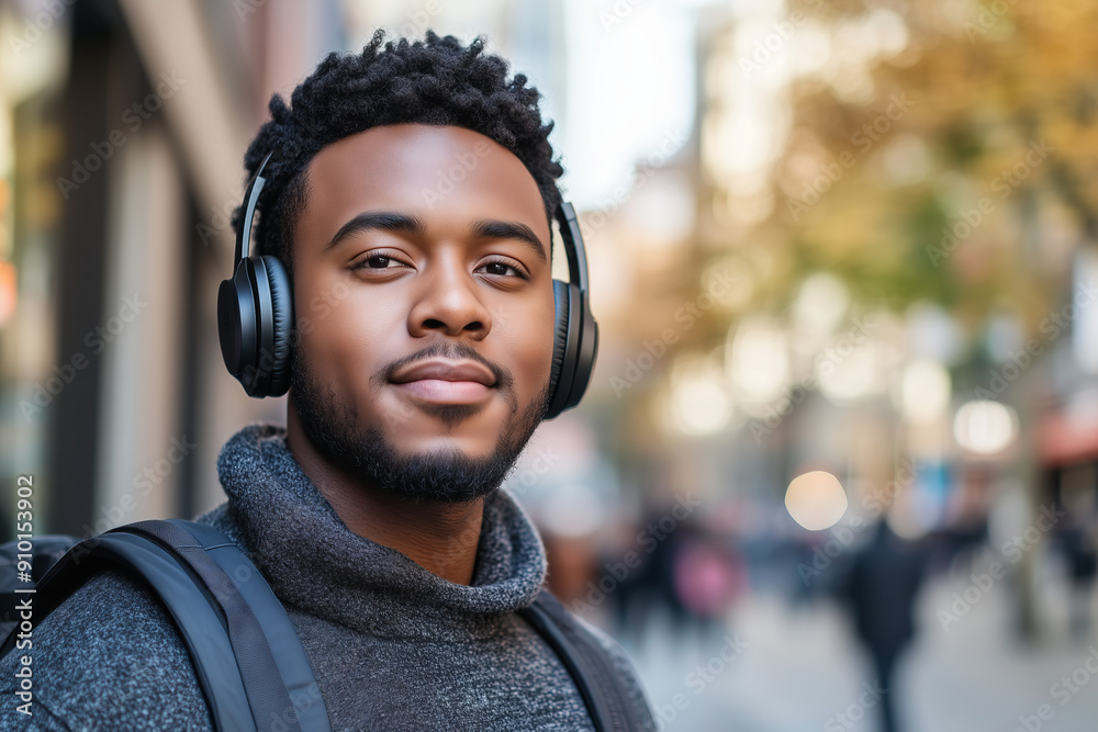 Young man with headphones and backpack standing on a city street. Outdoor urban portrait photography. Lifestyle and technology concept Young man with headphones and backpack standing on a city street. Outdoor urban portrait photography. Lifestyle and technology concept