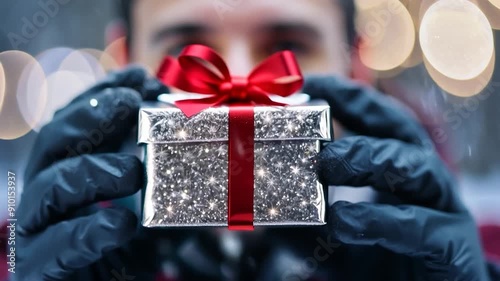 A person in gloves presents a beautifully wrapped silver gift box with a bright red ribbon, surrounded by a sparkling holiday ambiance photo