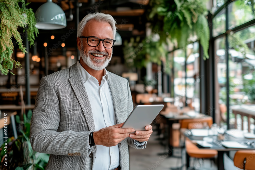 Smiling mature man in glasses holding a tablet in a stylish indoor setting with greenery. Professional portrait photography. Business and technology concept Smiling mature man in glasses holding a tablet in a stylish indoor setting with greenery. Professional portrait photography. Business and technology concept