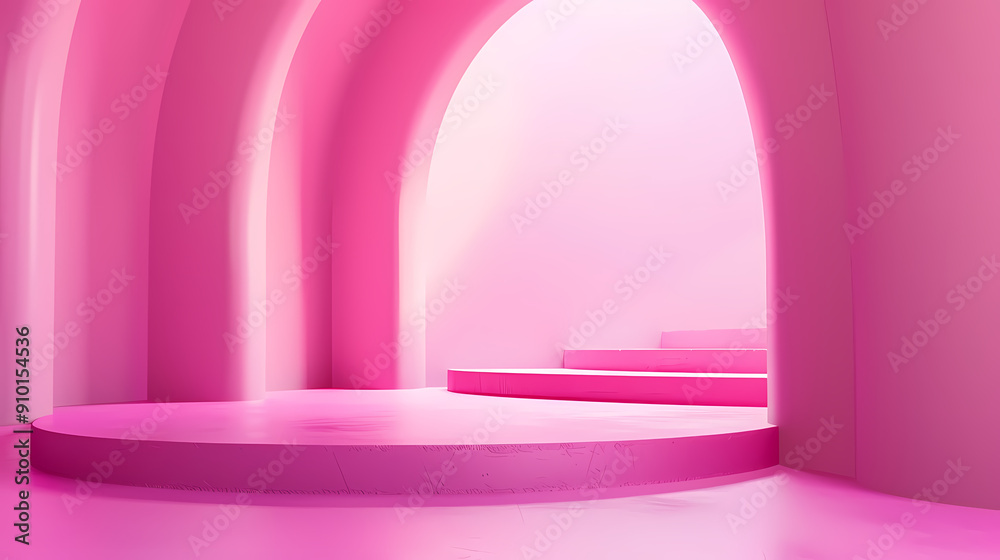 An abstract pink room with curved walls and a circular platform. The soft lighting casts a warm glow on the space, creating a sense of wonder and mystery.