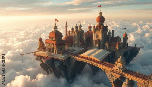 the world of books, Majestic Castle Amidst Clouds