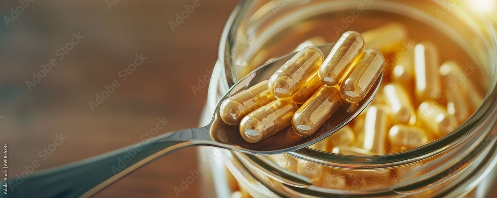 Multivitamin capsules in a glass jar with a spoon, vitamins, Multivitamin capsules in a glass jar with a spoon, vitamins,