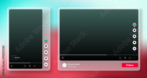 Vertical video player. Responsive tik tok interface mock-up. Blogging and streaming playback platform. Social media thumbnail frame. Vector illustration.